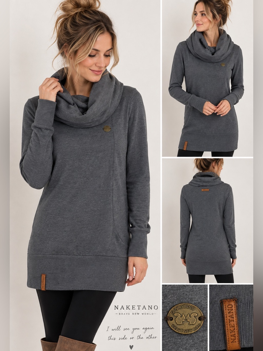 Naketano Brave New World Cowl Neck Tunic Hoodie Gray Long Sleeve Size S